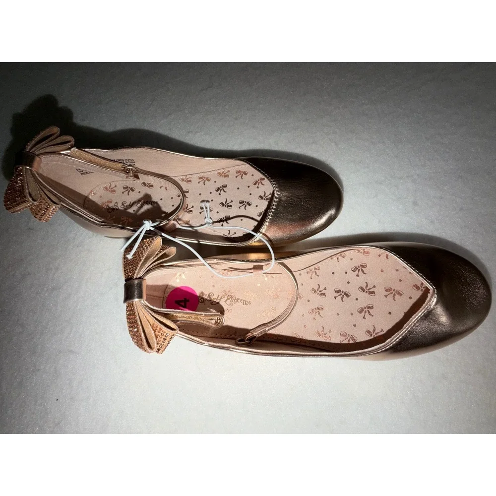 Lily & Dan Rose Gold Metallic Rhinestone Bow Dress Flats Girls Size 4 Kids